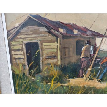 QUADRO DIPINTO OLIO TAVOLA Bruno Livori PAESAGGIO LACUSTRE pescatori TRABUCCO