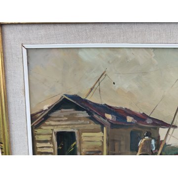 QUADRO DIPINTO OLIO TAVOLA Bruno Livori PAESAGGIO LACUSTRE pescatori TRABUCCO