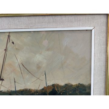 QUADRO DIPINTO OLIO TAVOLA Bruno Livori PAESAGGIO LACUSTRE pescatori TRABUCCO
