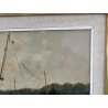 QUADRO DIPINTO OLIO TAVOLA Bruno Livori PAESAGGIO LACUSTRE pescatori TRABUCCO