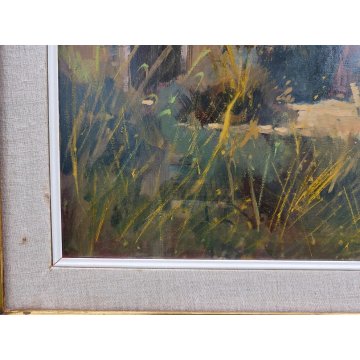 QUADRO DIPINTO OLIO TAVOLA Bruno Livori PAESAGGIO LACUSTRE pescatori TRABUCCO