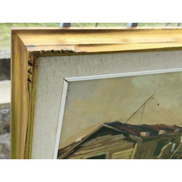 QUADRO DIPINTO OLIO TAVOLA Bruno Livori PAESAGGIO LACUSTRE pescatori TRABUCCO