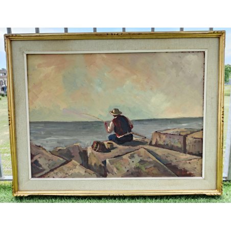 QUADRO DIPINTO OLIO TAVOLA Bruno Livori PAESAGGIO MARE pescatore PONTILE ALBA