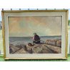 QUADRO DIPINTO OLIO TAVOLA Bruno Livori PAESAGGIO MARE pescatore PONTILE ALBA