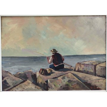 QUADRO DIPINTO OLIO TAVOLA Bruno Livori PAESAGGIO MARE pescatore PONTILE ALBA