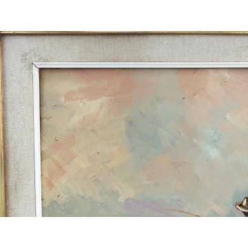QUADRO DIPINTO OLIO TAVOLA Bruno Livori PAESAGGIO MARE pescatore PONTILE ALBA