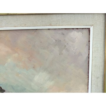 QUADRO DIPINTO OLIO TAVOLA Bruno Livori PAESAGGIO MARE pescatore PONTILE ALBA