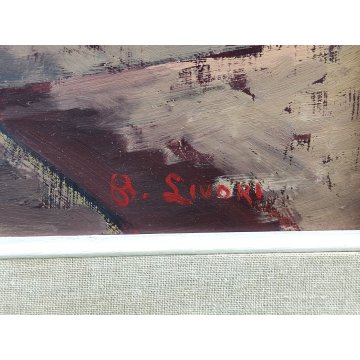 QUADRO DIPINTO OLIO TAVOLA Bruno Livori PAESAGGIO MARE pescatore PONTILE ALBA