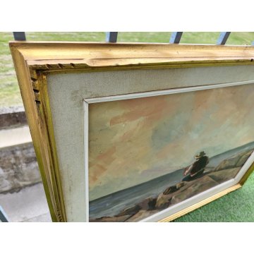 QUADRO DIPINTO OLIO TAVOLA Bruno Livori PAESAGGIO MARE pescatore PONTILE ALBA
