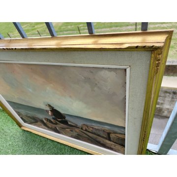 QUADRO DIPINTO OLIO TAVOLA Bruno Livori PAESAGGIO MARE pescatore PONTILE ALBA