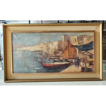GRANDE QUADRO DIPINTO OLIO TELA firmato PAESAGGIO MARINA epoca 900 PORTO BARCHE