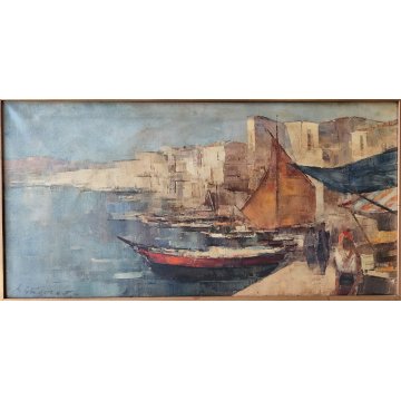 GRANDE QUADRO DIPINTO OLIO TELA firmato PAESAGGIO MARINA epoca 900 PORTO BARCHE