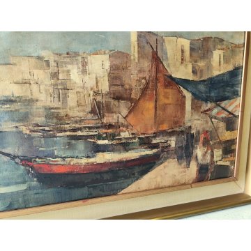GRANDE QUADRO DIPINTO OLIO TELA firmato PAESAGGIO MARINA epoca 900 PORTO BARCHE