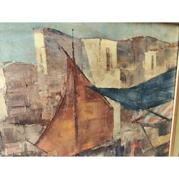 GRANDE QUADRO DIPINTO OLIO TELA firmato PAESAGGIO MARINA epoca 900 PORTO BARCHE