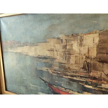 GRANDE QUADRO DIPINTO OLIO TELA firmato PAESAGGIO MARINA epoca 900 PORTO BARCHE