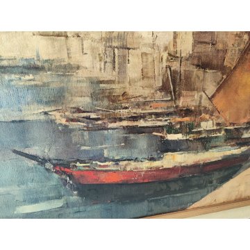 GRANDE QUADRO DIPINTO OLIO TELA firmato PAESAGGIO MARINA epoca 900 PORTO BARCHE