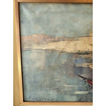 GRANDE QUADRO DIPINTO OLIO TELA firmato PAESAGGIO MARINA epoca 900 PORTO BARCHE