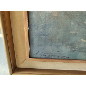 GRANDE QUADRO DIPINTO OLIO TELA firmato PAESAGGIO MARINA epoca 900 PORTO BARCHE