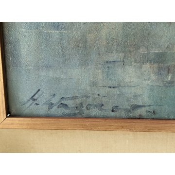 GRANDE QUADRO DIPINTO OLIO TELA firmato PAESAGGIO MARINA epoca 900 PORTO BARCHE