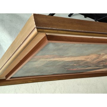 GRANDE QUADRO DIPINTO OLIO TELA firmato PAESAGGIO MARINA epoca 900 PORTO BARCHE