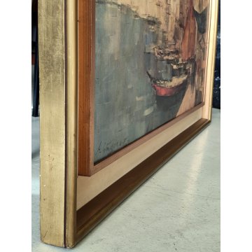 GRANDE QUADRO DIPINTO OLIO TELA firmato PAESAGGIO MARINA epoca 900 PORTO BARCHE