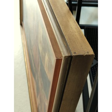 GRANDE QUADRO DIPINTO OLIO TELA firmato PAESAGGIO MARINA epoca 900 PORTO BARCHE