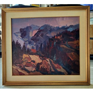 QUADRO DIPINTO OLIO TELA Carlo Monti PAESAGGIO ROCCA Lago Maggiore ARONA alpi
