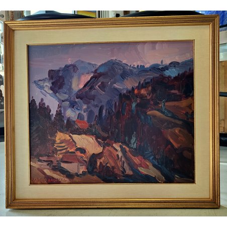 QUADRO DIPINTO OLIO TELA Carlo Monti PAESAGGIO ROCCA Lago Maggiore ARONA alpi