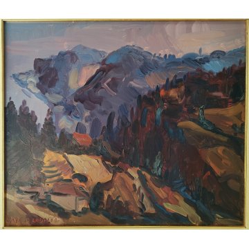 QUADRO DIPINTO OLIO TELA Carlo Monti PAESAGGIO ROCCA Lago Maggiore ARONA alpi