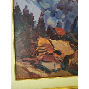 QUADRO DIPINTO OLIO TELA Carlo Monti PAESAGGIO ROCCA Lago Maggiore ARONA alpi