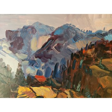 QUADRO DIPINTO OLIO TELA Carlo Monti PAESAGGIO ROCCA Lago Maggiore ARONA alpi