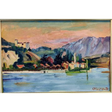 QUADRO DIPINTO OLIO TAVOL Carlo Monti PAESAGGIO ROCCA ANGERA Lago Maggiore ARONA