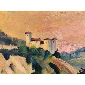 QUADRO DIPINTO OLIO TAVOL Carlo Monti PAESAGGIO ROCCA ANGERA Lago Maggiore ARONA