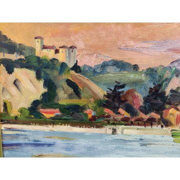QUADRO DIPINTO OLIO TAVOL Carlo Monti PAESAGGIO ROCCA ANGERA Lago Maggiore ARONA