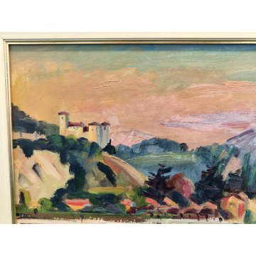 QUADRO DIPINTO OLIO TAVOL Carlo Monti PAESAGGIO ROCCA ANGERA Lago Maggiore ARONA