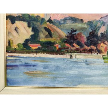 QUADRO DIPINTO OLIO TAVOL Carlo Monti PAESAGGIO ROCCA ANGERA Lago Maggiore ARONA