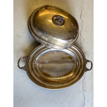 ANTICO GRANDE VASSOIO CUPOLA PORTATA per CARNE RAME OTTONE ARGENTATO PRIMO '900