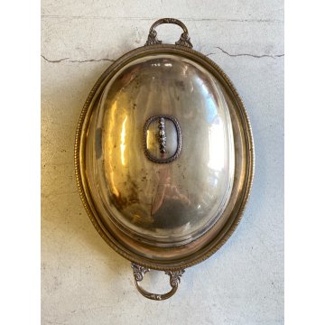 ANTICO GRANDE VASSOIO CUPOLA PORTATA per CARNE RAME OTTONE ARGENTATO PRIMO '900