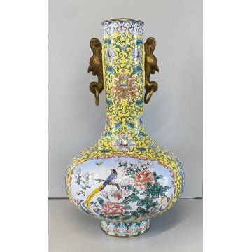 VASO CINESE VINTAGE RAME PORCELLANA DECORO SMALTO POLICROMO CHINOISERIE META 900