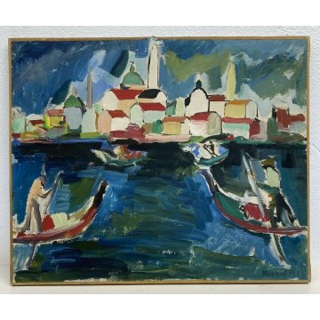 ANTICO DIPINTO OLIO TAVOLA PAESAGGIO SANTE MONACHESI VENEZIA LA GIUDECCA LAGUNA