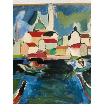 ANTICO DIPINTO OLIO TAVOLA PAESAGGIO SANTE MONACHESI VENEZIA LA GIUDECCA LAGUNA