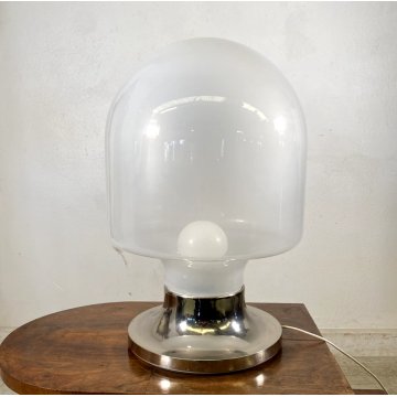 LAMPADA TAVOLO ATTR. Mazzega VETRO MURANO BIANCO METALLO CROMATO ø35x52cm/h '70