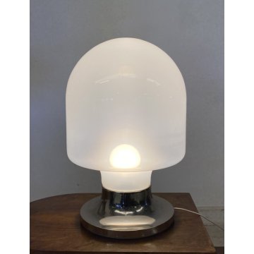 LAMPADA TAVOLO ATTR. Mazzega VETRO MURANO BIANCO METALLO CROMATO ø35x52cm/h '70