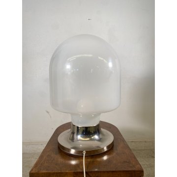 LAMPADA TAVOLO ATTR. Mazzega VETRO MURANO BIANCO METALLO CROMATO ø35x52cm/h '70