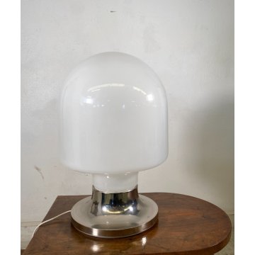 LAMPADA TAVOLO ATTR. Mazzega VETRO MURANO BIANCO METALLO CROMATO ø35x52cm/h '70