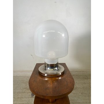 LAMPADA TAVOLO ATTR. Mazzega VETRO MURANO BIANCO METALLO CROMATO ø35x52cm/h '70