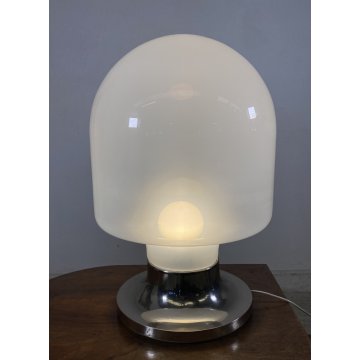 LAMPADA TAVOLO ATTR. Mazzega VETRO MURANO BIANCO METALLO CROMATO ø35x52cm/h '70