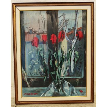QUADRO DIPINTO OLIO TAVOLA Carlo Monti NATURA MORTA Vaso Fiori ROSE nell'ATELIER