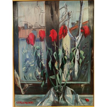 QUADRO DIPINTO OLIO TAVOLA Carlo Monti NATURA MORTA Vaso Fiori ROSE nell'ATELIER