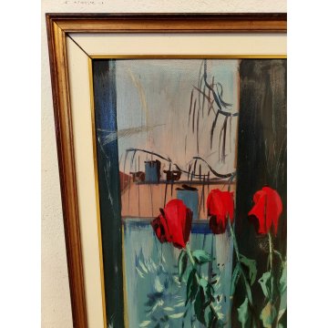 QUADRO DIPINTO OLIO TAVOLA Carlo Monti NATURA MORTA Vaso Fiori ROSE nell'ATELIER